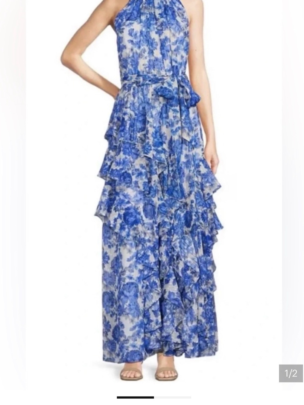 Alex Marie Blue Floral Halter Tiered Maxi Dress